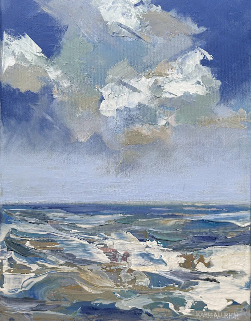 Fine art painting of the ocean, seascape in blue tones, with waves and clouds by artist Karri Allrich