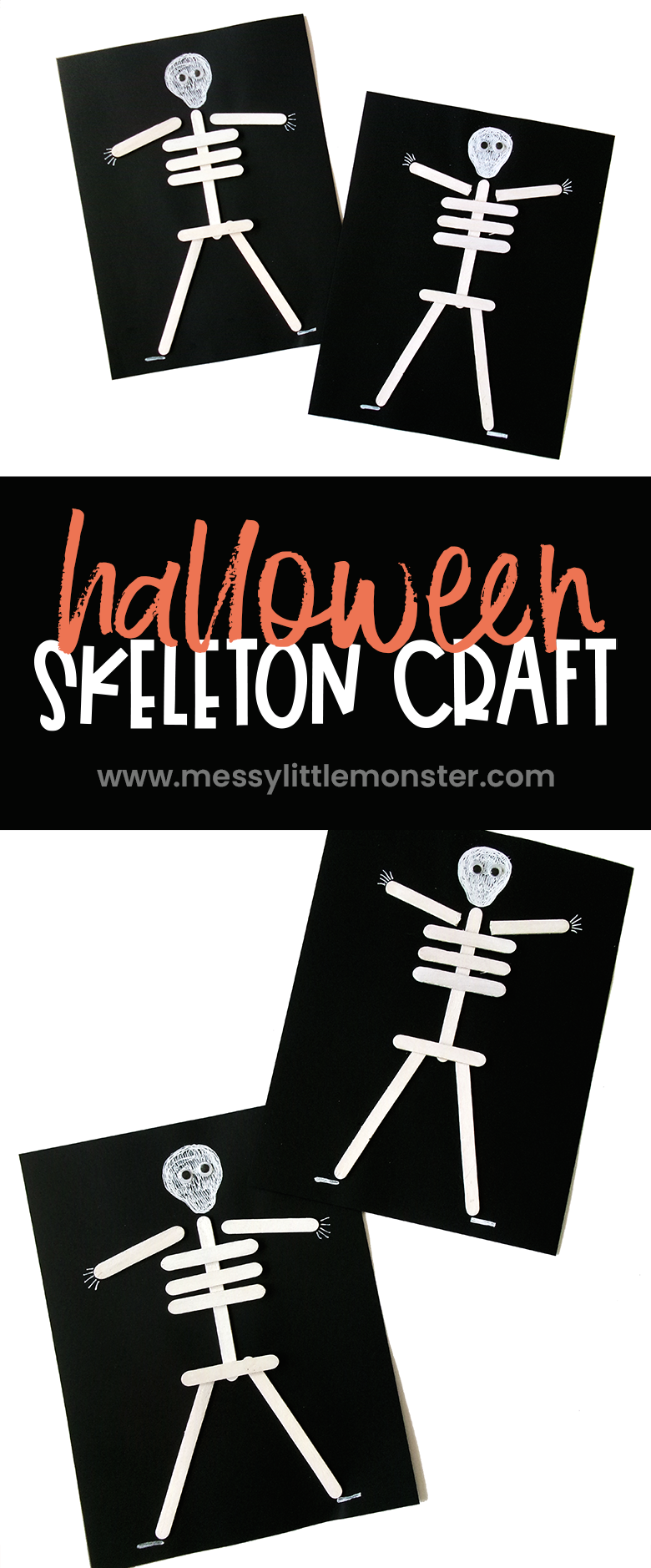 Craft stick skeleton craft for kids. Halloween skeleton craft ideas.