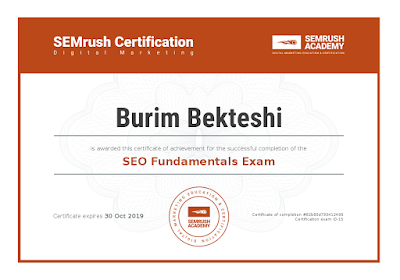 SEMrush Academy Certificate - SEO Fundamentals Exam - Burim Bekteshi