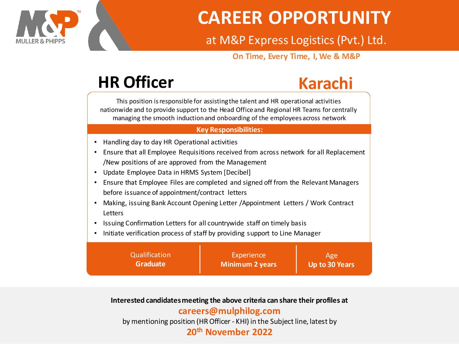 HR Officer opportunity at M&P Express Logistics