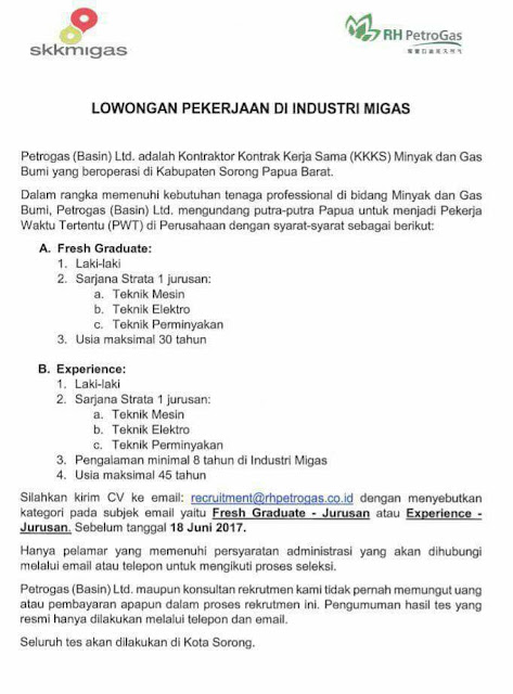 LOWONGAN PEKERJAAN DI INDUSTRI MIGAS 2017