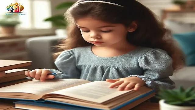 طفل صغير يقرأ كتابًا بشغف، مما يوضح تأثير القراءة على النمو العقلي والعاطفي للطفل