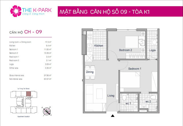 Thiết kế căn hộ 09 - Dt 57m2 - 02 phòng ngủ