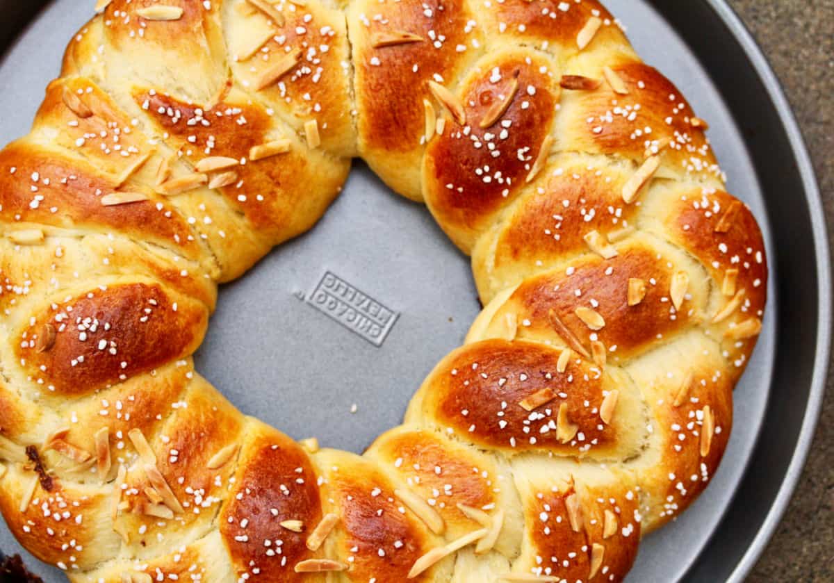 Finnish Pulla Bread in a baking pan.