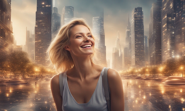 A happy woman, in the background a dazzling cityscape, with natural details, without graphic errors, in high resolution.