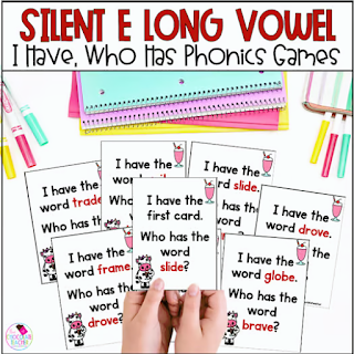 Use these Silent E Long Vowel I have, Who Has phonics games in your classroom to reinforce important phonics skills as a class.