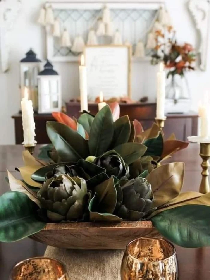 artichoke and magnolia centerpiece