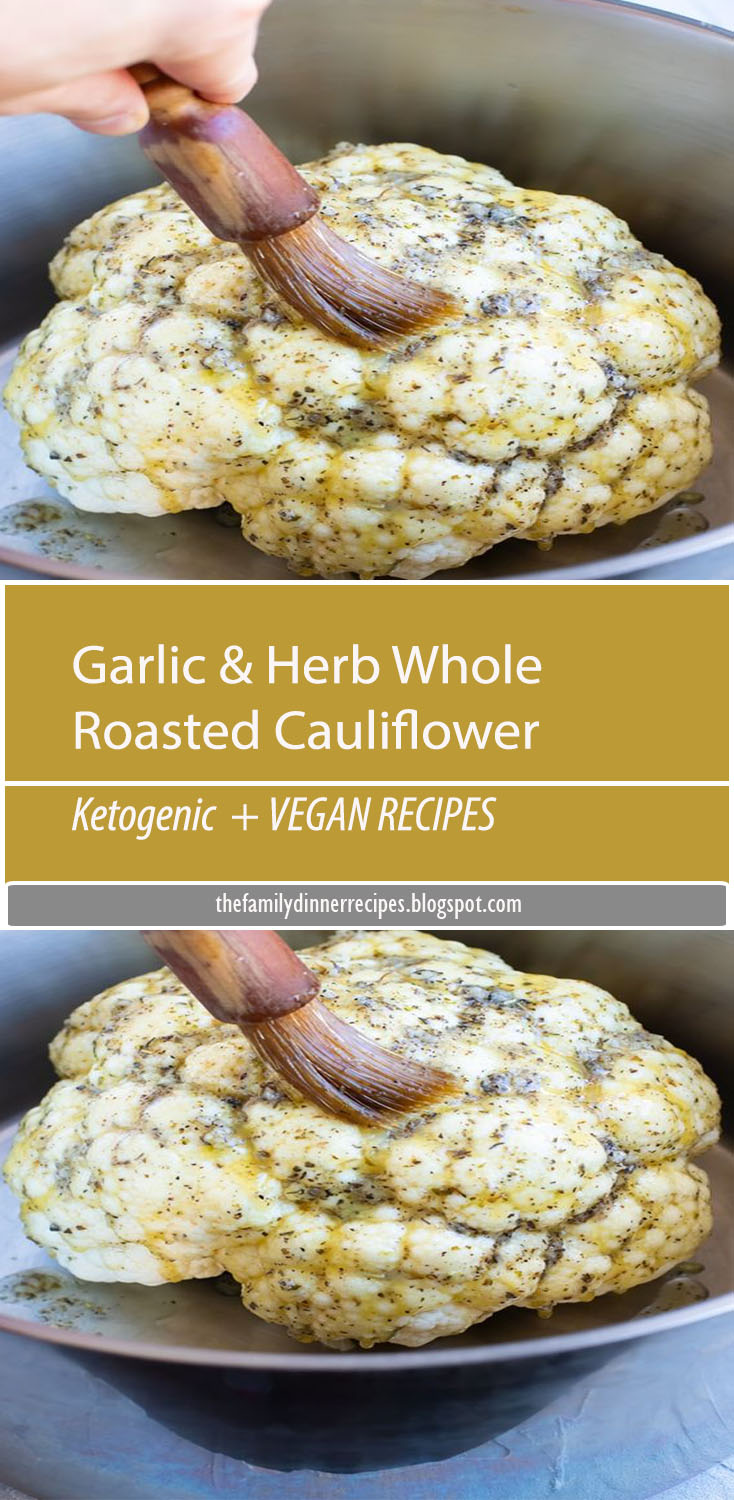 Whole Roasted Cauliflower gets coated in a delicious garlic and herb sauce for an impressive and easy healthy side dish recipe. This oven roasted cauliflower head recipe is gluten-free, dairy-free, vegan, vegetarian, low-carb, keto and Paleo approved! #evolvingtable #lowcarb#cauliflower #keto #vegan #sidedish