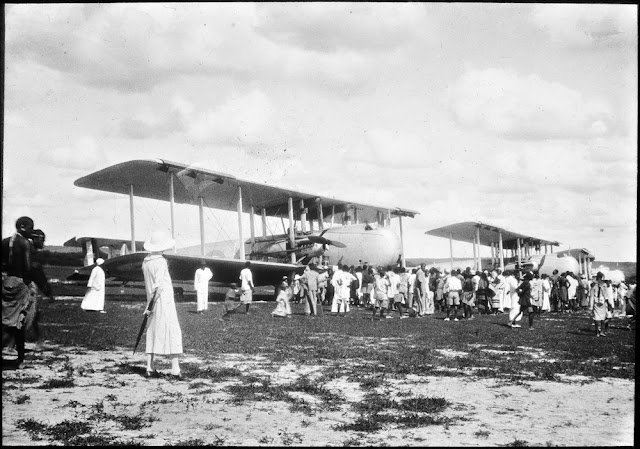 Royal Air Force at Dodoma. Three Vickers Victoria aircraft unloading cargo, 1929. E.O. Teale photograph collection.