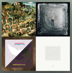 A square of four album covers; a village, a block of text against a white background, a cube of ice with a person visible inside, and a square split into a white triangle and a purple triangle.