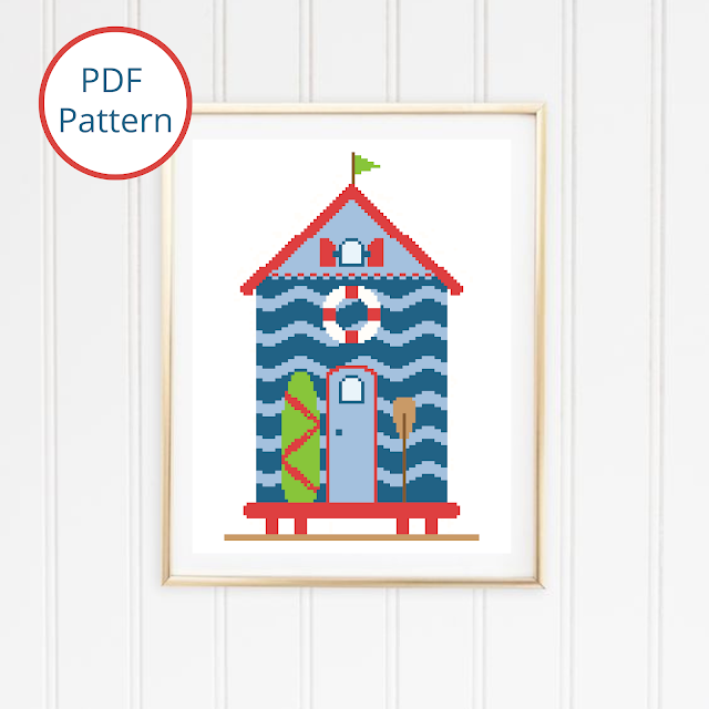 Red and Blue Beach Hut - cross stitch pattern