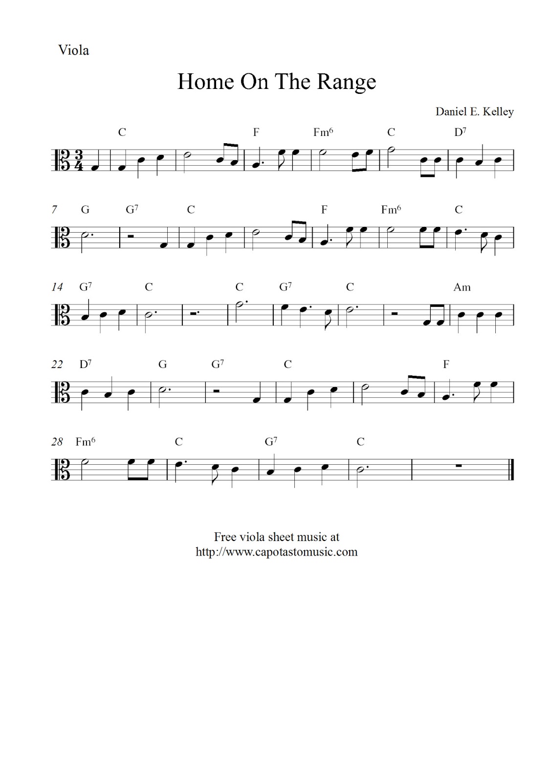 Free easy viola sheet music, Home On The Range