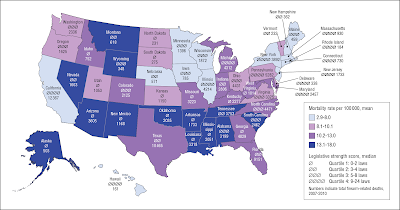 US Gun Deaths per 100,000 and State Laws