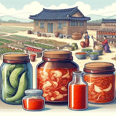 An illustration of Korean fermentation practices, featuring jars of kimchi, doenjang, and gochujang in traditional earthenware pots. The background shows a Korean countryside with onggi jars lined up for fermentation and people preparing vegetables.