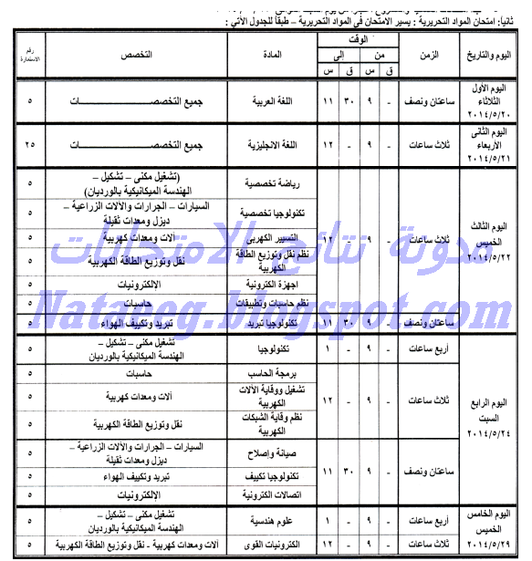 بالصور جدول امتحانات الدبلومات الصناعية نظام الثلاث سنوات 2014 أخر العام