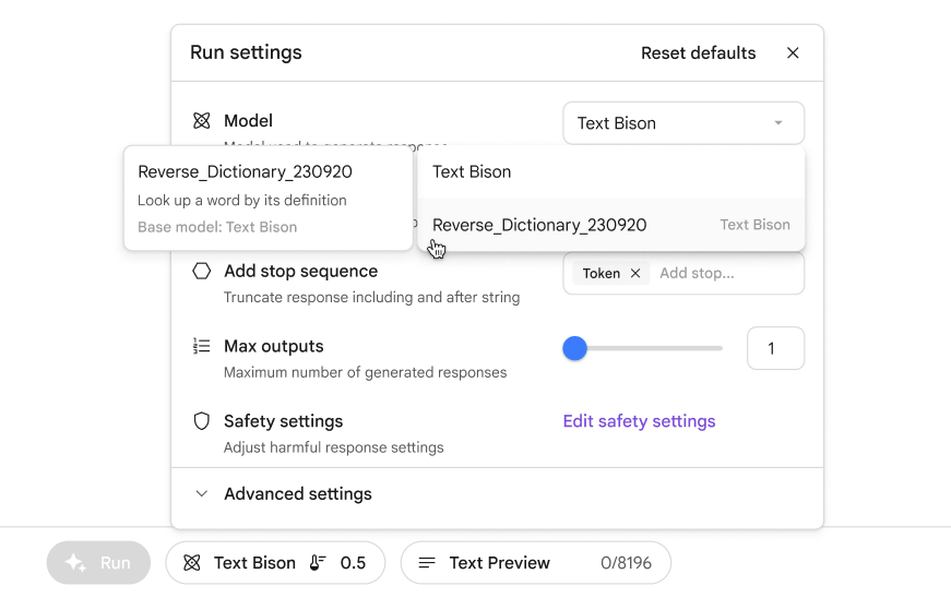 Image showing location of model in list of available models in MakerSuite