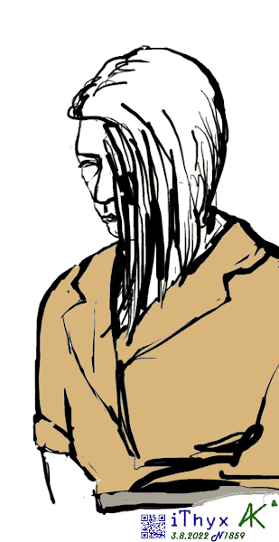 Женщина с длинными волосами, каштановое пикси с удлинением к лицу, в платье цвета темной охры, с пояском. Автор рисунка художник #iThyx