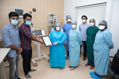 Nikhil Kurule, CEO, Nocca Robotics hands over Letter of Appreciation along with two ventilators to Dr. Prachee Sathe and team at Ruby Hall Clinic ICU, Pune