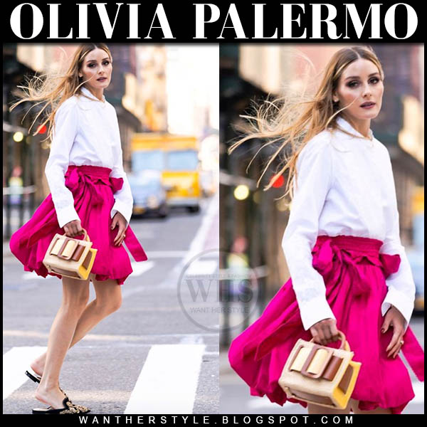 Olivia Palermo in white shirt and bright pink mini skirt