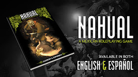 A Kickstarter promo image showing the cover mockup and noting that Nahual is a Mexican roleplaying game available in both English and Spanish