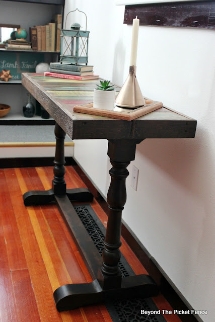 boho rustic sofa table made from reclaimed barnwood and garage sale table