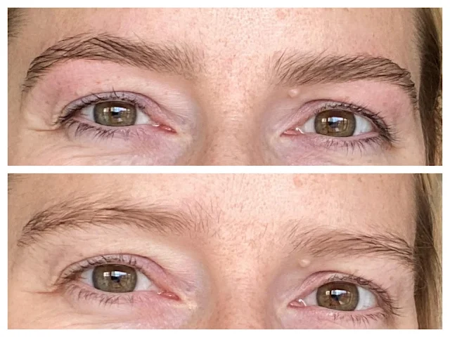 2 close up images of my eyes without make up on. The first is after having a wow brow and eye lash tint, the second is before