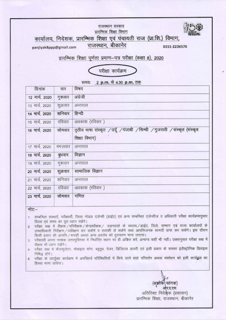 Rajasthan Board 5th And 8th Class 2020 Time Table Released Check