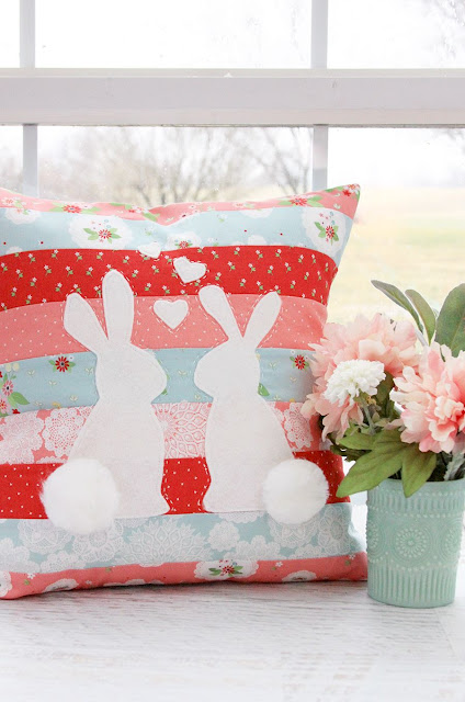 Spring bunnies in love pillow. Easy sewing project.