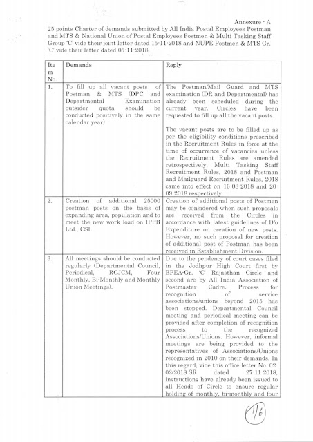 Reply to Trade Union action call given by AIPEU Postman and MTS and NUPE Postman & MTS Group C w.e.f 27-11-2018