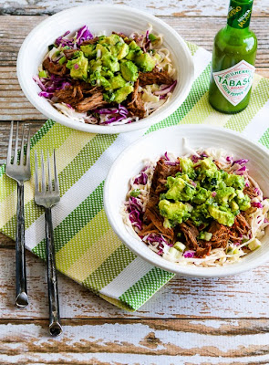Slow Cooker Green Chile Shredded Beef Cabbage Bowl with Avocado Salsa found on KalynsKitchen.com