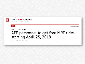 All active personnel of the Armed Forces of the Philippines (AFP) will be entitled to free rides at the Metro Rail Transit Line 3 (MRT-3) starting April 25.  Active military personnel may avail of the MRT ride for free upon showing their AFP identification cards which will serve as their access pass, according to the Department of Transportation (DOTr). The access pass will be valid for a year.  The DOTr and AFP will sign a Memorandum of Agreement (MOA) Wednesday at the MRT-3 depot in Quezon City to formalize the partnership.  The MOA will be signed by Transportation Secretary Arthur Tugade, DOTr Undersecretary for Railways Timothy John Batan, MRT-3 General Manager Rodolfo Garcia and Civil Relations Service AFP Commander Brig. Gen. Bienvenido Datuin Jr.  This will be noted by Batan and AFP Chief of Staff Carlito Galvez Jr. and approved by Tugade and Department of National Defense (DND) Secretary Delfin Lorenzana.  Advertisement        Sponsored Links     Tugade said the free train ride is a way for the DOTr to recognize the sacrifices of the military.  For its part, the AFP will be providing the MRT ambulance and medical teams for assistance during emergency and crisis situations.  An agreement was also signed last year between the AFP and the Light Rail Transit Authority (LRTA), granting all uniformed personnel free rides until December 2018 at the LRT-2 as a gesture of appreciation for the soldiers who risked their lives during the Marawi siege.   Meanwhile, all workers will also enjoy a free MRT ride on this coming Labor day on May 1, 2018, as announced by the DOTr. All workers from private and government company one offices only needed to show their company ID to enjoy the free ride on May 1 from 7:00AM to 9:00AM and 5:00PM to 7:00PM.       READ MORE: Recruiters With Delisted, Banned, Suspended, Revoked And Cancelled POEA Licenses 2018    List of Philippine Embassies And Consulates Around The World    Classic Room Mates You Probably Living With   Do Not Be Fooled By Your Recruitment Agencies, Know Your  Correct Fees    Remittance Fees To Be Imposed On Kuwait Expats Expected To Bring $230 Million Income    TESDA Provides Training For Returning OFWs   Cash Aid To Be Given To Displaced OFWs From Kuwait—OWWA    Former OFW In Dubai Now Earning P25K A Week From Her Business    Top Search Engines In The Philippines For Finding Jobs Abroad    5 Signs A Person Is Going To Be Poor And 5 Signs You Are Going To Be Rich   ©2018 THOUGHTSKOTO  www.jbsolis.com