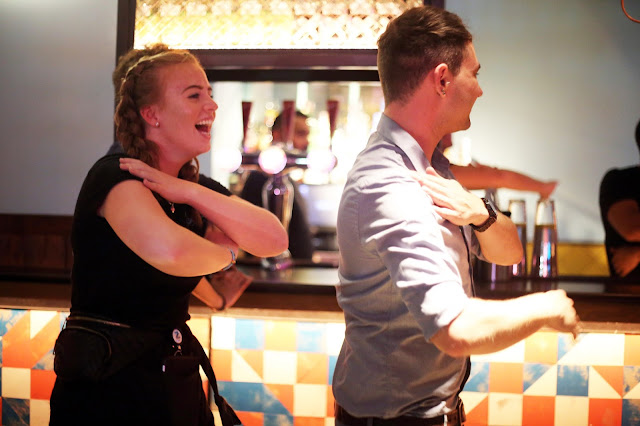 Staff doing the Macarena Happy Hour Cocktails at Temple Street Las Iguanas in Birmingham Food Drinks Review