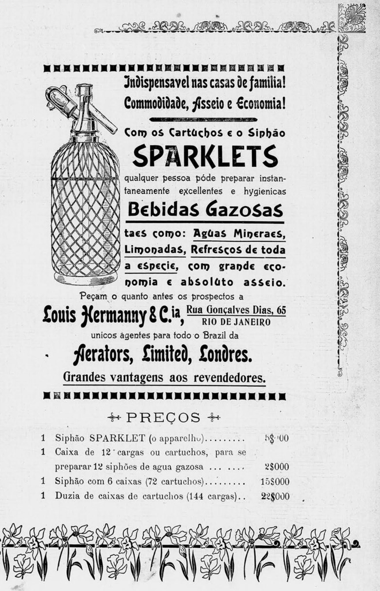 Anúncio de 1906 promovendo os cartuchos e sifões da marca Sparklets