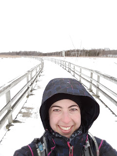 Bois-de-l'Île-Bizard, neige, paysage, promeneuse souriante