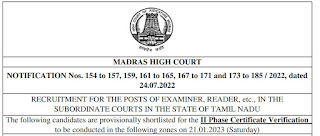 Madras High Court Phase II Certificate Verification List 2022 | CV Call Latter