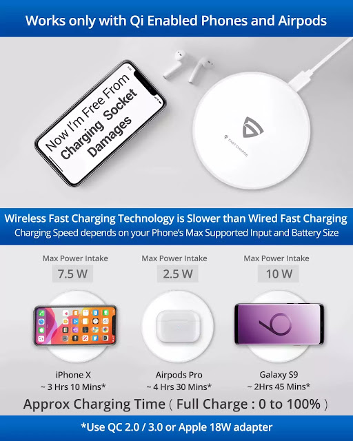 Wireless Charger with Fireproof ABS for iPhone 11/11Pro/11Pro Max/Xs/Xs MAX/XR/X/8/8+,Galaxy S20+/Note10/10+/S10/S10+/S10E/Note9/S9-White