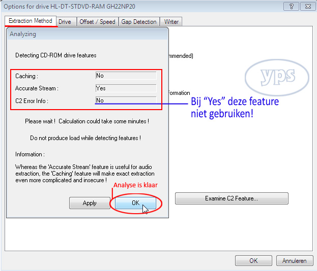 Heeft de CD-rom speler de feature: C2 Error info, wees voorzichtig om deze feature te gebruiken!