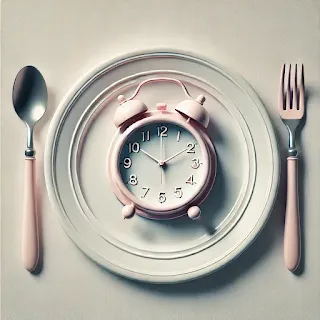 A pink alarm clock placed on a white plate, with a spoon and fork on either side, symbolizing dry fasting and time-restricted eating.