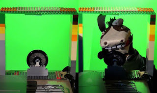 Photographs of a green-screen frame with a steering wheel, and the same frame occupied by a donkey sock puppet.