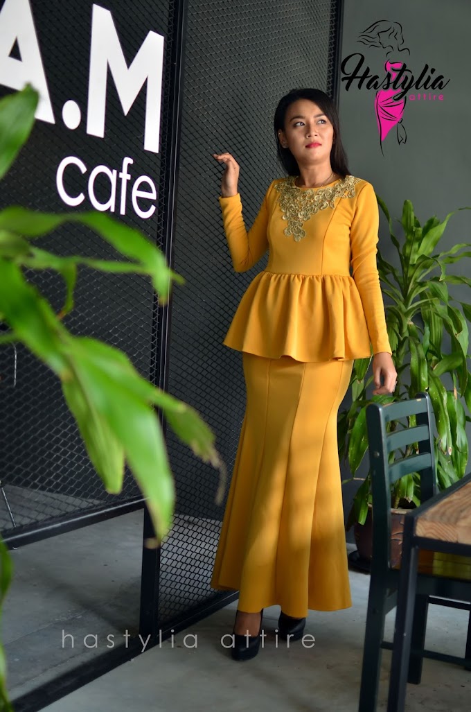 HA16001 - Yellow Peplum Top set with Long Skirt