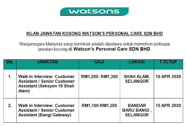 Iklan Jawatan Kosong Terkini Watson's Personal Care Sdn ...