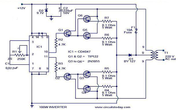 CD4017 100-Watt Inverter 12DC to 220AC - Electronic Circuit