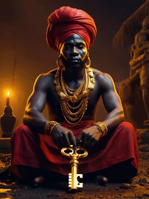 Ilustração do Orixá Exu, representado como guardião dos caminhos e mensageiro entre os mundos, com elementos simbólicos das religiões afro-brasileiras.