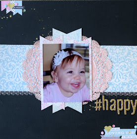 A layout of our little girl on her dedication day using products from American Craft, Carta Bella, Heidi Swapp, Crate Paper and Tim Holtz