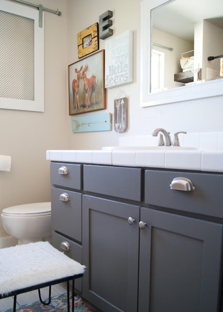 Project Kid's Bathroom Makeover - before & after - Martha Stewart Zinc on vanity , DIY artwork , vintage hairpin leg stool