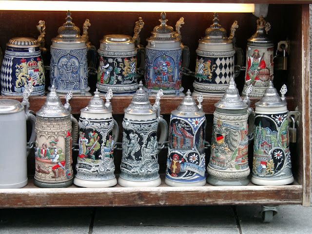 Decorated beer steins, beer mugs, Munich