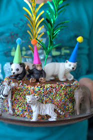 Bunter Partykuchen mit Streuseln und Tierfiguren, die lustige Partyhüte auf den Köpfen tragen.