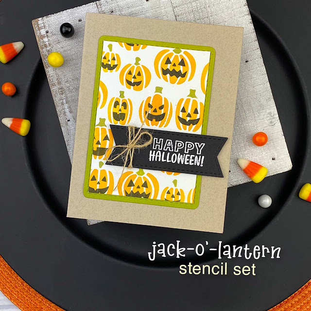 Halloween Card by Jennifer Jackson | Jack-o'-lantern Stencil Set and Frames & Flags Die Set by Newton's Nook Designs
