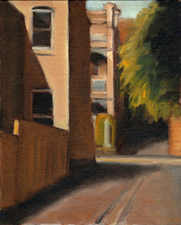 Oil painting of double storey Victorian-era buildings and a tree viewed from a laneway.