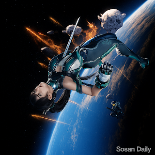 Promotional image of the video game Stellar Blade featuring the protagonist in a sci-fi suit floating in space with asteroids and Earth in the background. Sosan Daily watermark.
